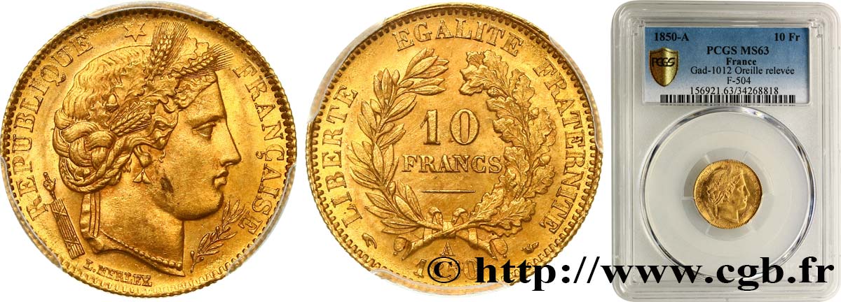 10 francs or Cérès, IIe République 1850 Paris F.504/1 MS63 PCGS