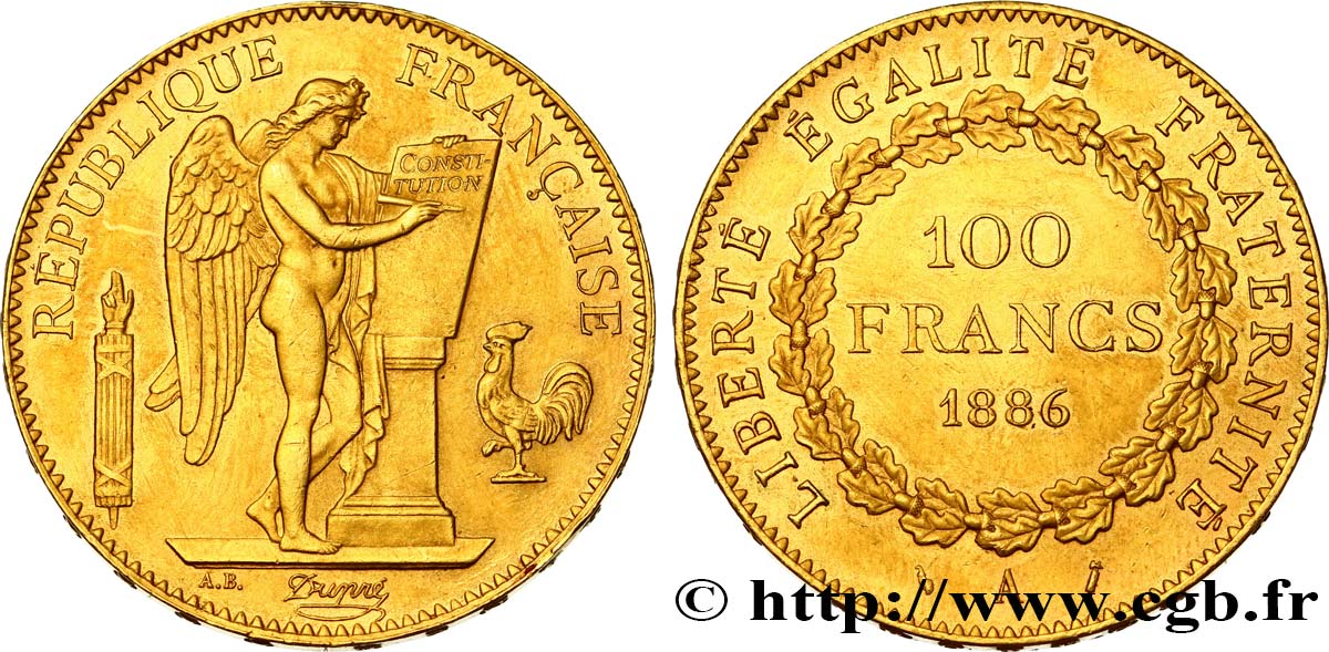 100 francs or Génie, tranche inscrite en relief Dieu protège la France 1886 Paris F.552/7 AU58 