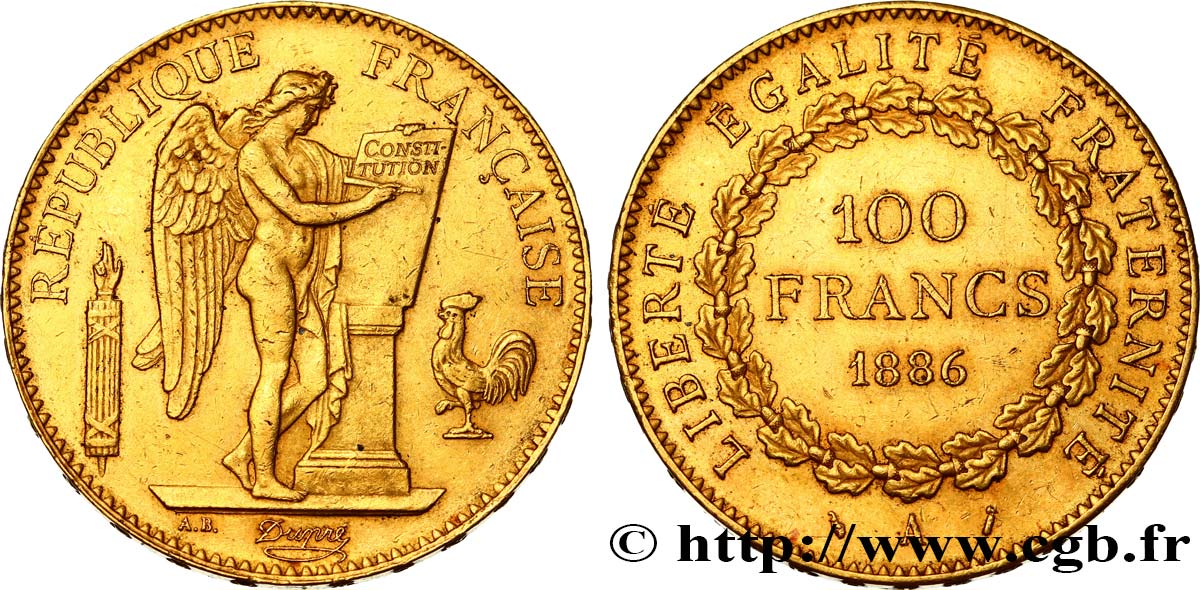 100 francs or Génie, tranche inscrite en relief Dieu protège la France 1886 Paris F.552/7 BB52 