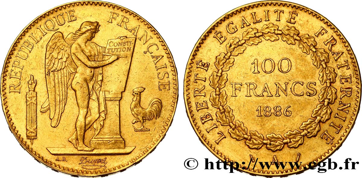 100 francs or Génie, tranche inscrite en relief Dieu protège la France 1886 Paris F.552/7 AU52 