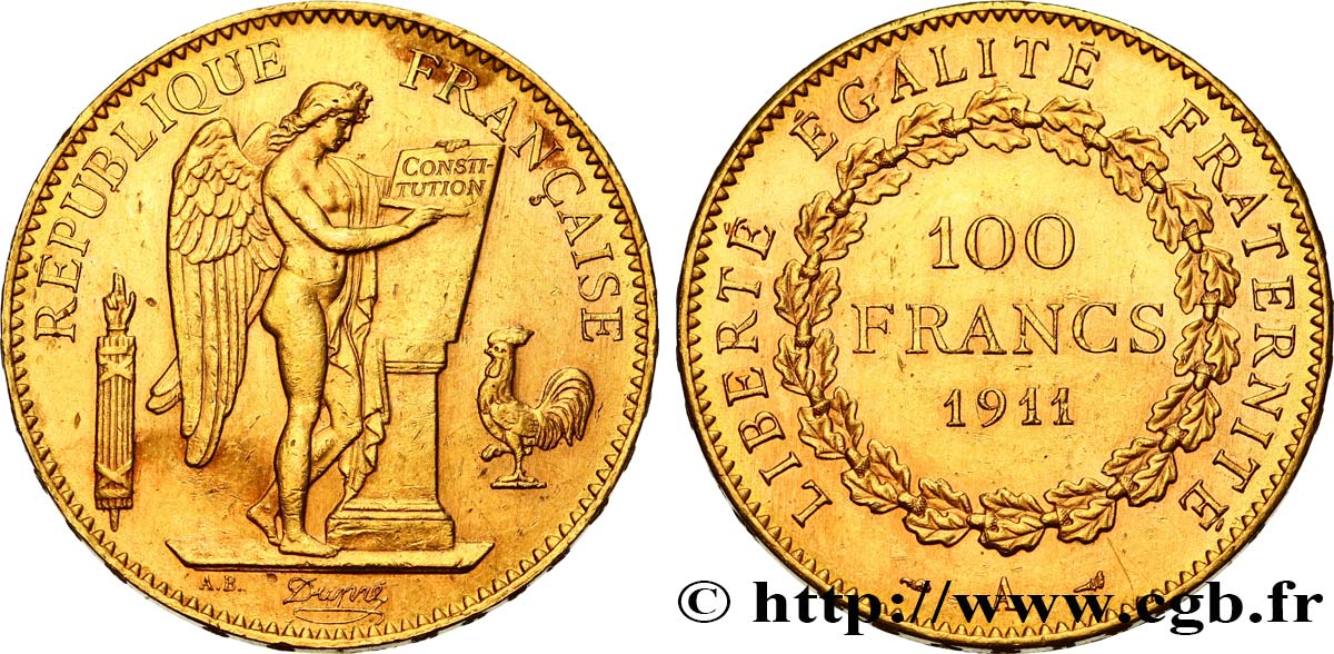 100 francs or Génie, tranche inscrite en relief Liberté Égalité Fraternité 1911 Paris F.553/5 AU58 