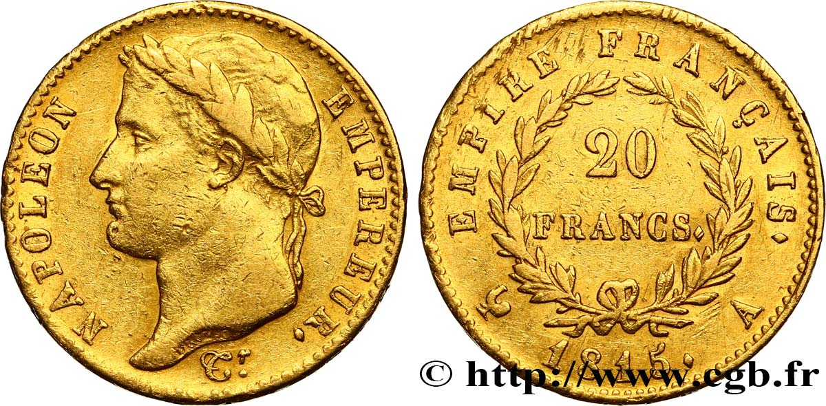 20 francs or Napoléon tête laurée, Cent-Jours 1815 Paris F.516A/1 MBC40 