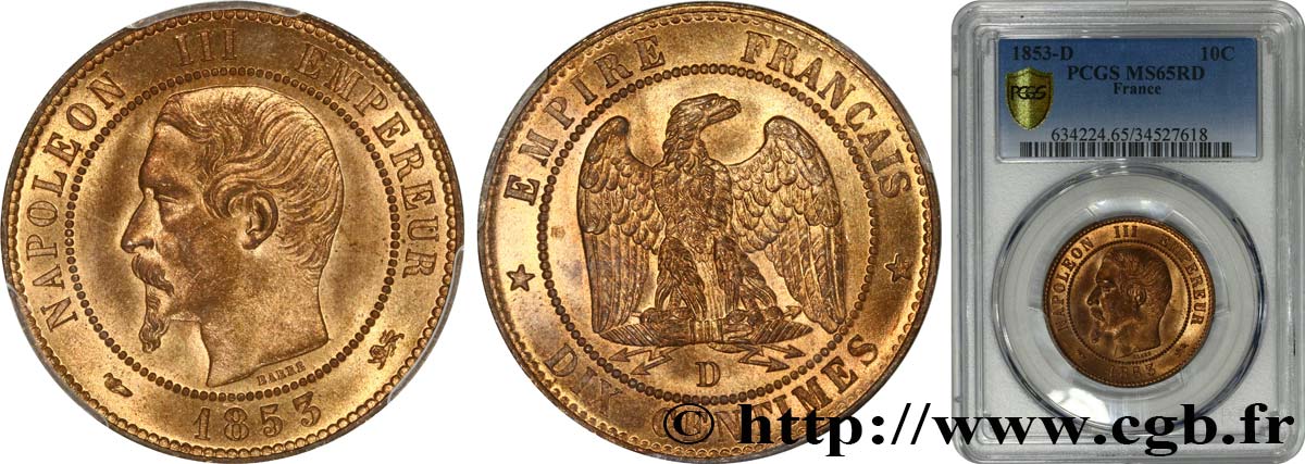 Dix centimes Napoléon III, tête nue 1853 Lyon F.133/5 FDC65 PCGS
