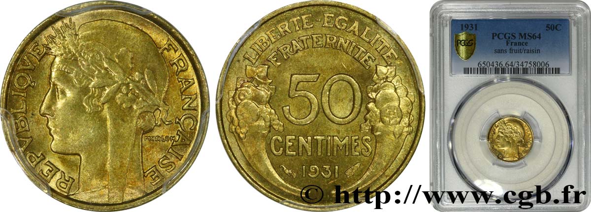 50 centimes Morlon 1931  F.192/3 fST64 PCGS