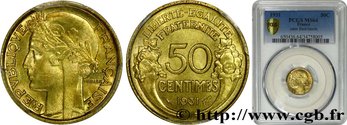 50 centimes Morlon 1931  F.192/3 fST64 PCGS