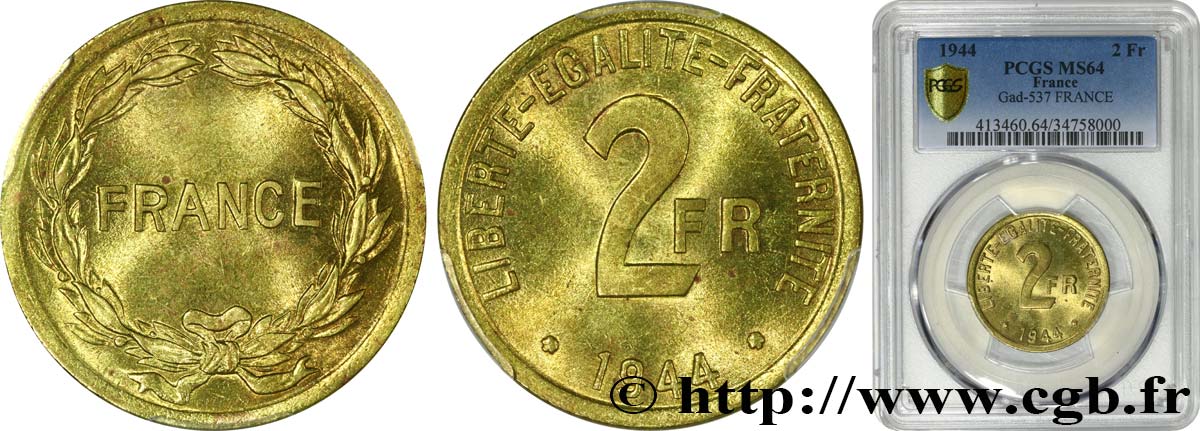 2 francs France 1944  F.271/1 MS64 PCGS