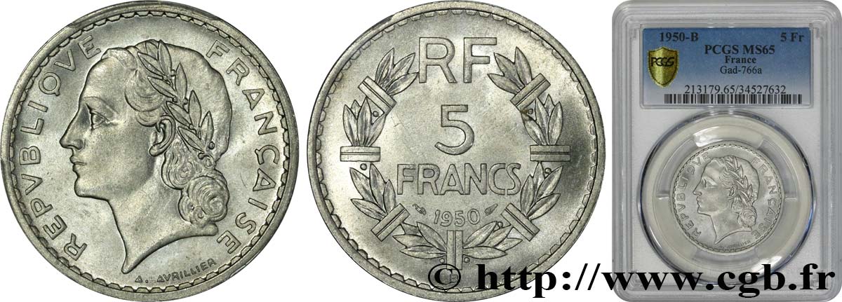 5 francs Lavrillier, aluminium 1950 Beaumont-Le-Roger F.339/21 ST65 PCGS