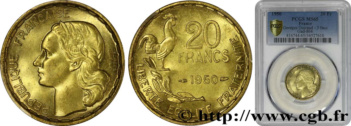 20 francs Georges Guiraud, 3 faucilles 1950  F.401/1 FDC65 PCGS