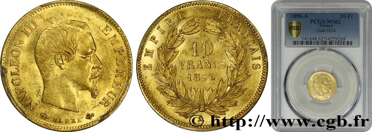 10 francs or Napoléon III, tête nue 1856 Paris F.506/3 SPL62 PCGS