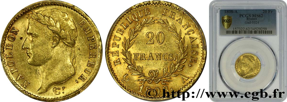20 francs or Napoléon tête laurée, République française 1808 Paris F.515/2 SUP62 PCGS