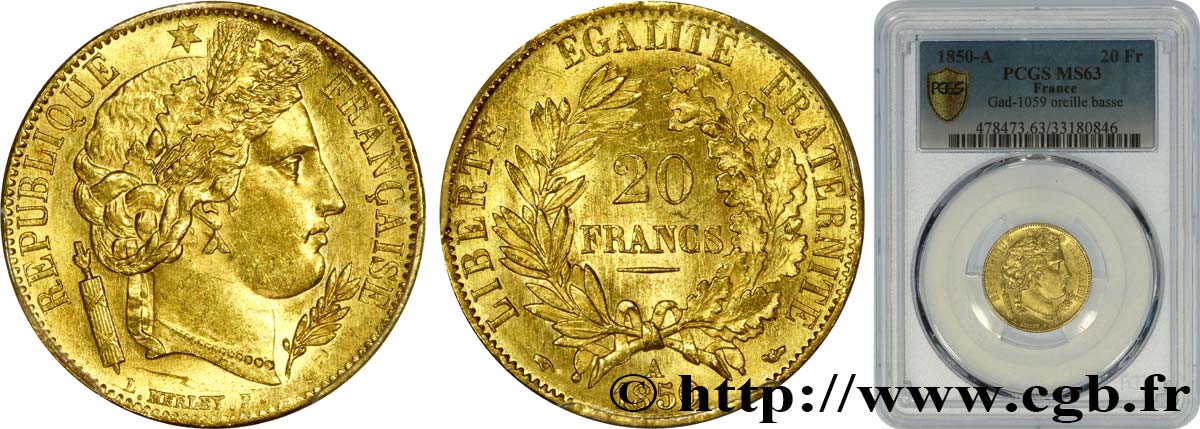 20 francs or Cérès, oreille basse 1850 Paris F.529/3 fST63 PCGS