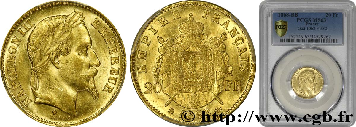 20 francs or Napoléon III, tête laurée 1868 Strasbourg F.532/19 MS63 PCGS