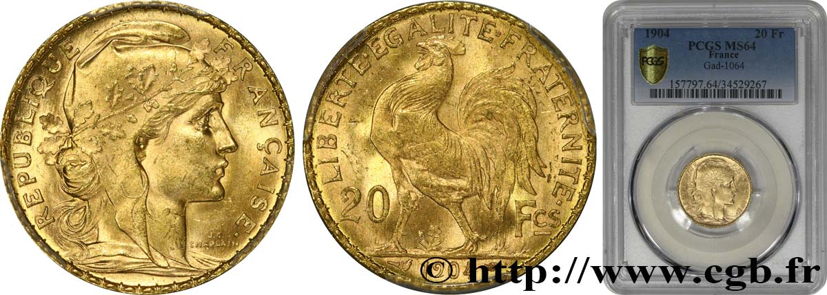 20 francs or Coq, Dieu protège la France 1904 Paris F.534/9 SC64 PCGS