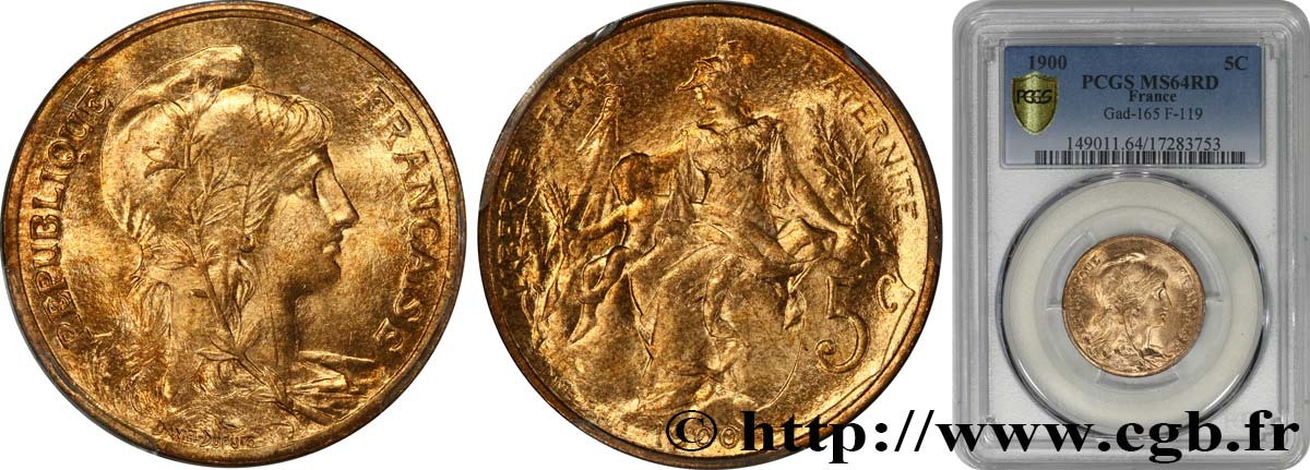 5 centimes Daniel-Dupuis 1900  F.119/9 fST64 PCGS