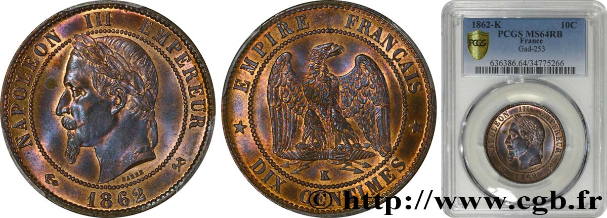 Dix centimes Napoléon III, tête laurée 1862 Bordeaux F.134/9 SC64 PCGS