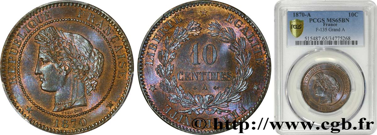 10 centimes Cérès 1870 Paris F.135/4 MS65 PCGS