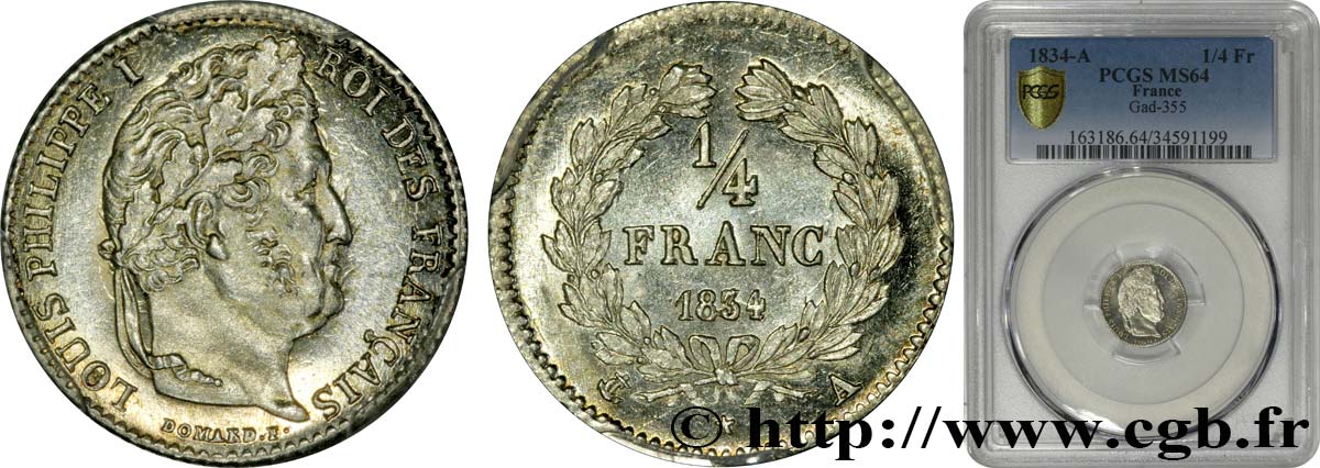 1/4 franc Louis-Philippe 1834 Paris F.166/37 SC64 PCGS