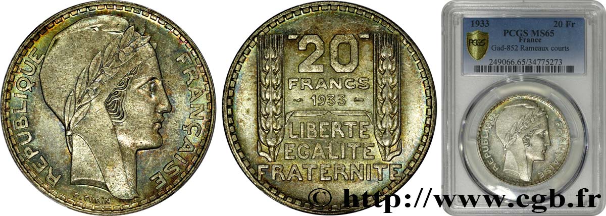 20 francs Turin, rameaux courts 1933  F.400/4 ST65 PCGS