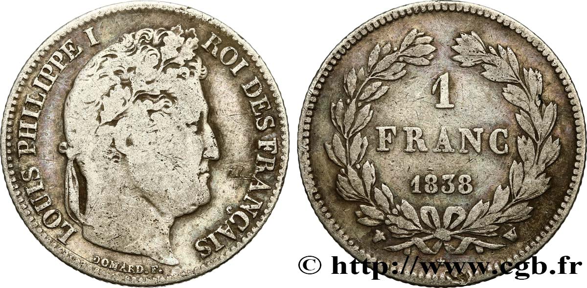 1 franc Louis-Philippe, couronne de chêne 1838 Lille F.210/66 TB15 