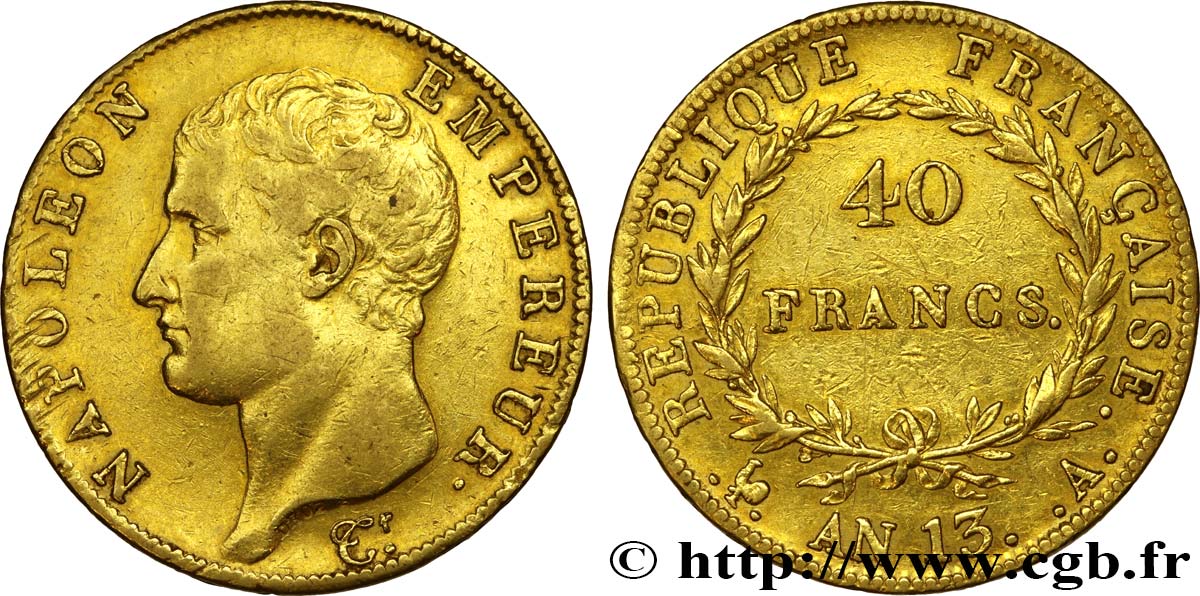 40 francs or Napoléon tête nue, Calendrier révolutionnaire 1805 Paris F.537/1 MBC 