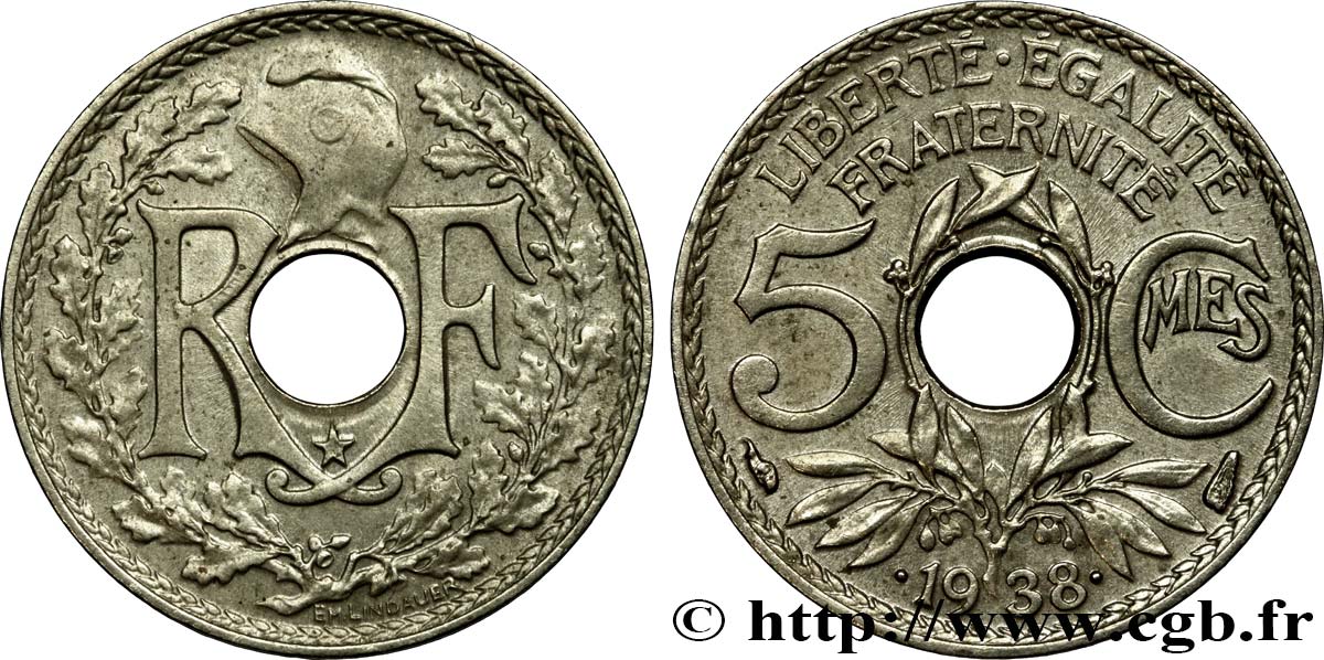 5 centimes Lindauer, maillechort, avec étoile 1938  F.123/1 BB50 