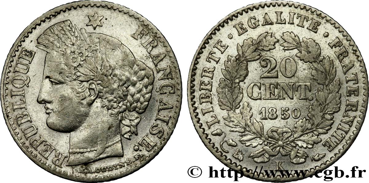 20 centimes Cérès, IIe République 1850 Bordeaux F.146/5 VF 