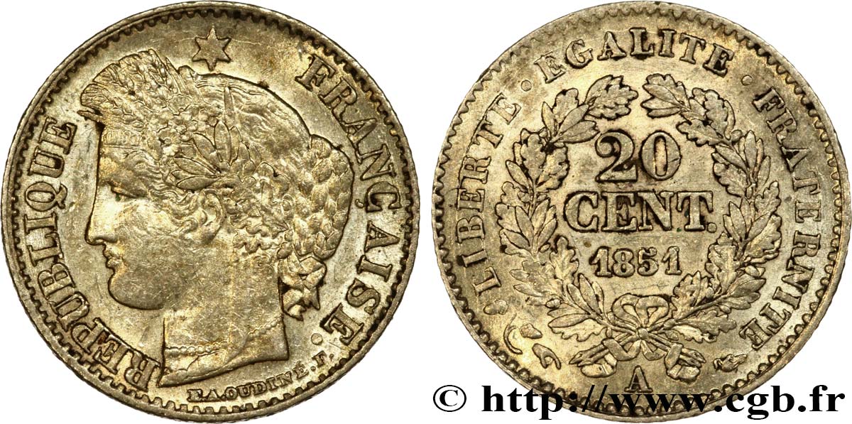 20 centimes Cérès, IIe République 1851 Paris F.146/7 MBC50 