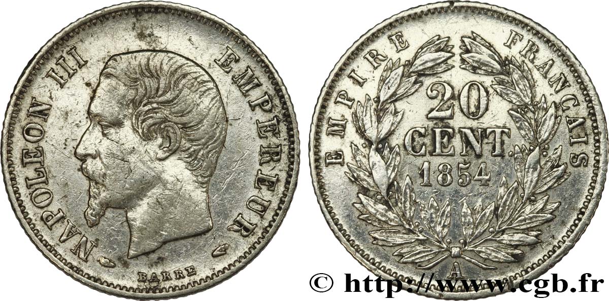 20 centimes Napoléon III, tête nue 1854 Paris F.148/2 XF 
