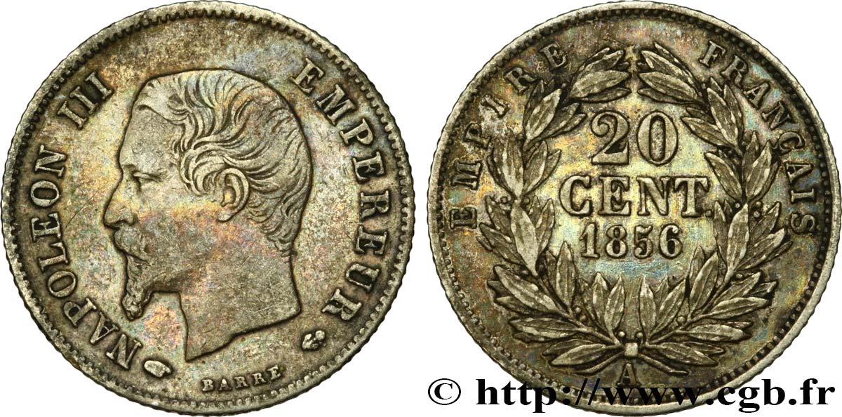 20 centimes Napoléon III, tête nue 1856 Paris F.148/4 XF45 