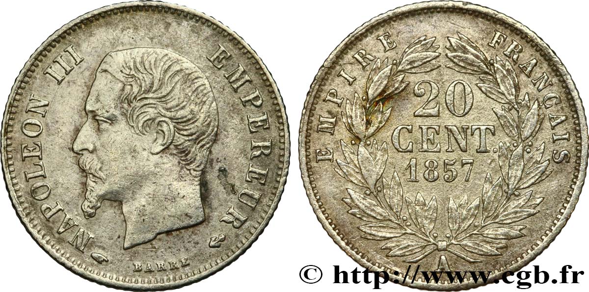 20 centimes Napoléon III, tête nue 1857 Paris F.148/7 XF 