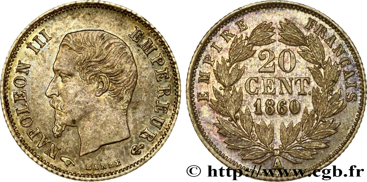 20 centimes Napoléon III, tête nue 1860 Paris F.148/14 AU58 