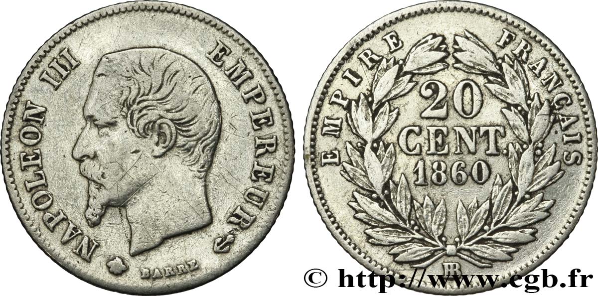 20 centimes Napoléon III, tête nue 1860 Strasbourg F.148/16 TB 