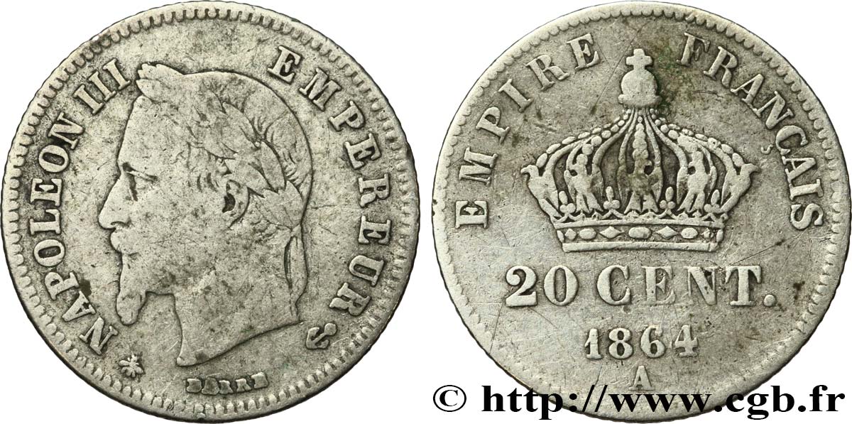 20 centimes Napoléon III, tête laurée, petit module 1864 Paris F.149/1 F15 