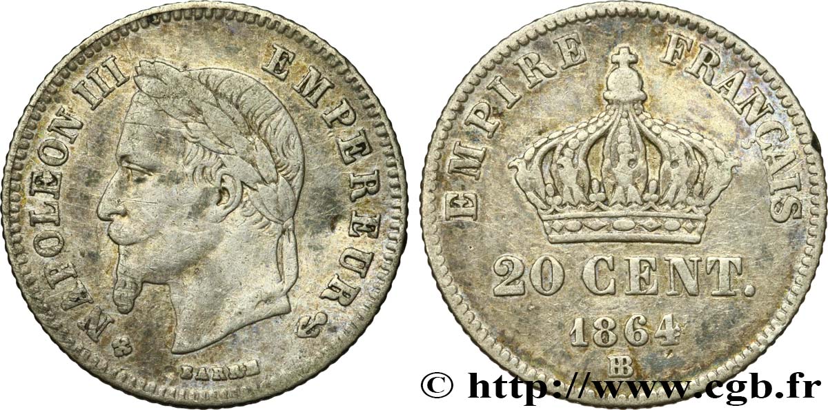 20 centimes Napoléon III, tête laurée, petit module 1864 Strasbourg F.149/2 TB 