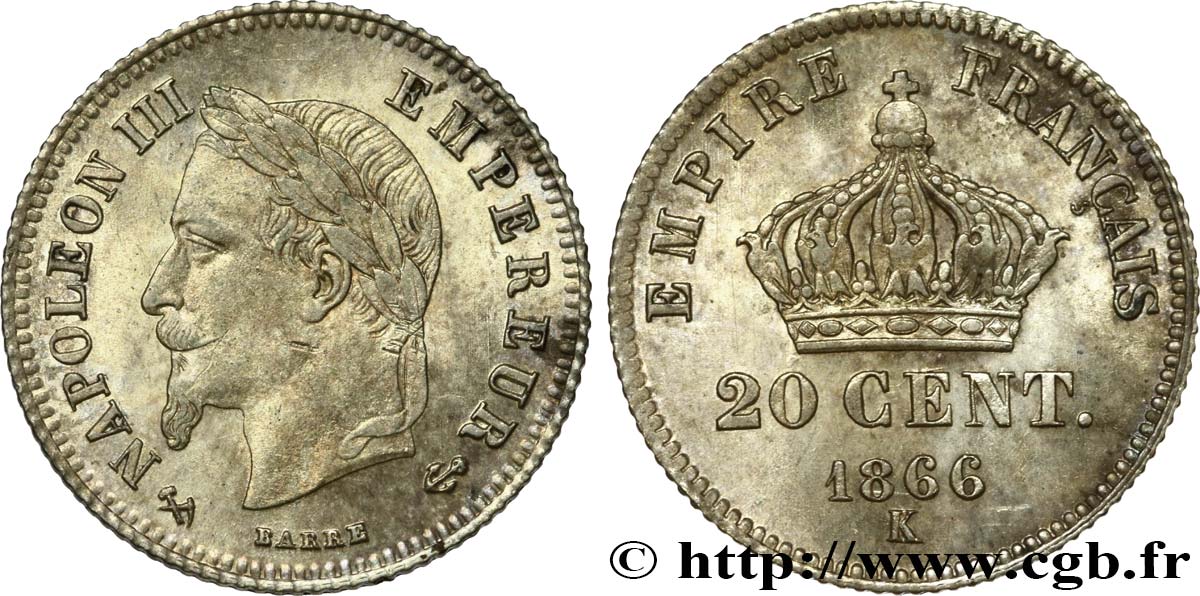 20 centimes Napoléon III, tête laurée, petit module 1866 Bordeaux F.149/6 MBC52 