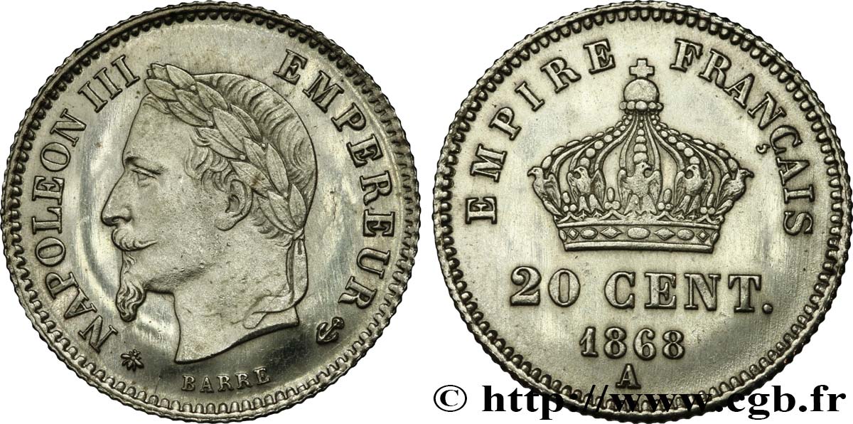 20 centimes Napoléon III, tête laurée, grand module 1868 Paris F.150/4 fVZ 
