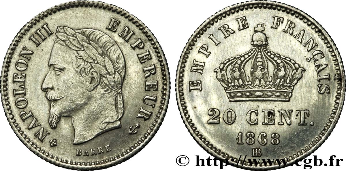 20 centimes Napoléon III, tête laurée, grand module 1868 Strasbourg F.150/5 q.SPL 