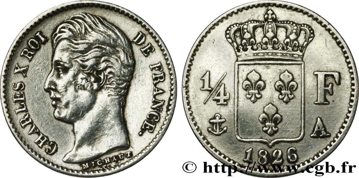 1/4 franc Charles X 1826 Paris F.164/2 TTB 