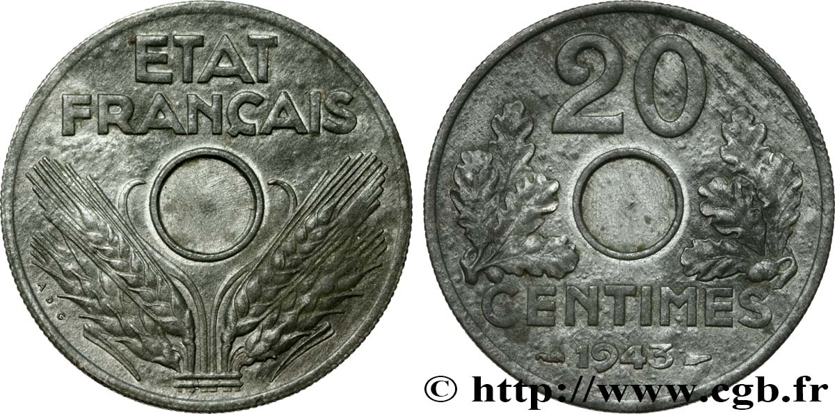 20 centimes État français, légère, non perforée 1943  F.153A/1 SS45 