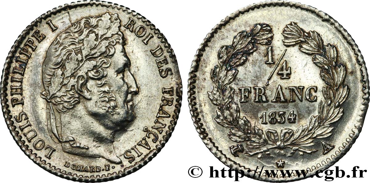 1/4 franc Louis-Philippe 1834 Paris F.166/37 EBC 