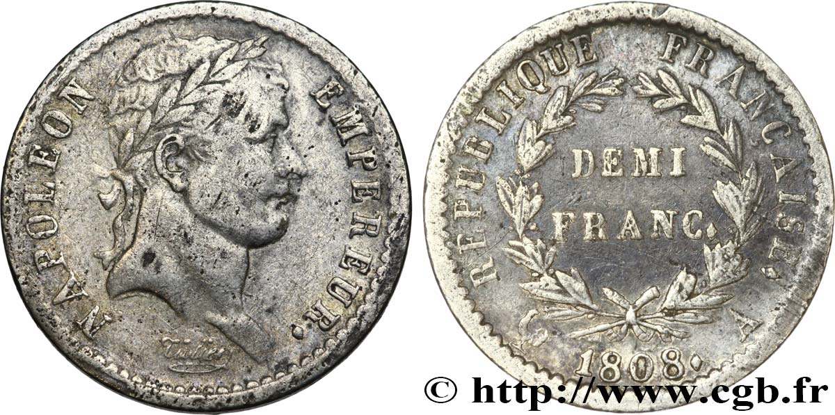Demi-franc Napoléon Ier tête laurée, République française 1808 Paris F.177/2 VF25 