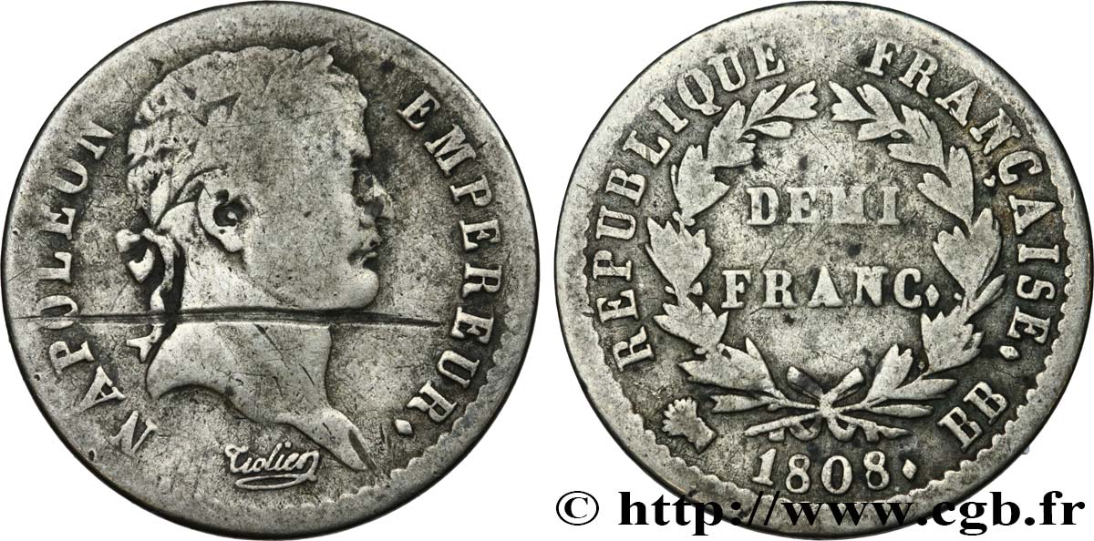 Demi-franc Napoléon Ier tête laurée, République française 1808 Strasbourg F.177/4 B 