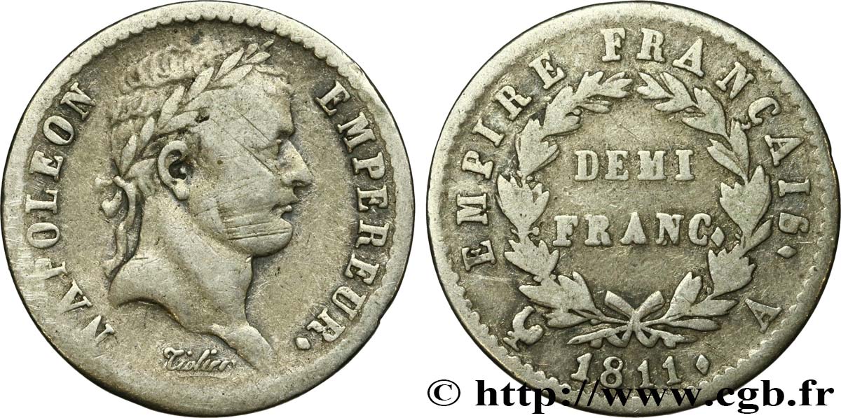 Demi-franc Napoléon Ier tête laurée, Empire français 1811 Paris F.178/21 S20 