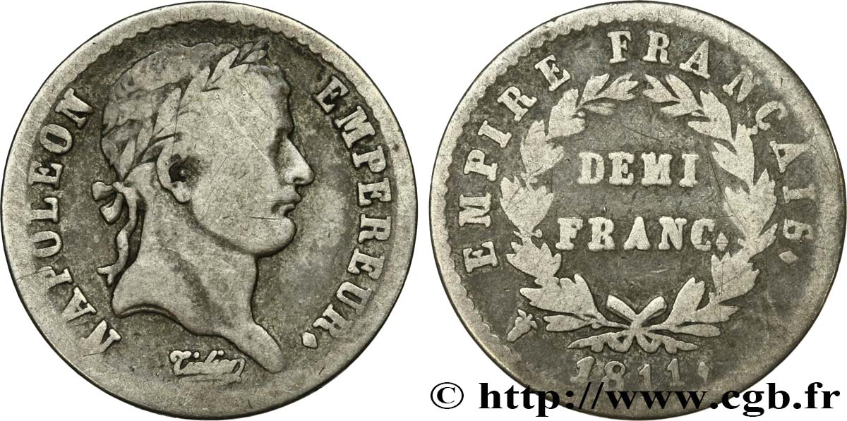 Demi-franc Napoléon Ier tête laurée, Empire français 1811 Lille F.178/34 TB15 