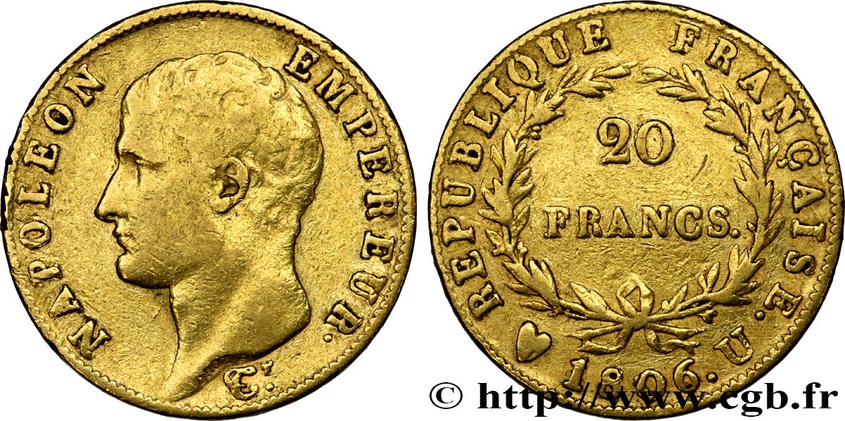 20 francs Napoléon tête nue, calendrier grégorien 1806 Turin F.513/4 VF38 