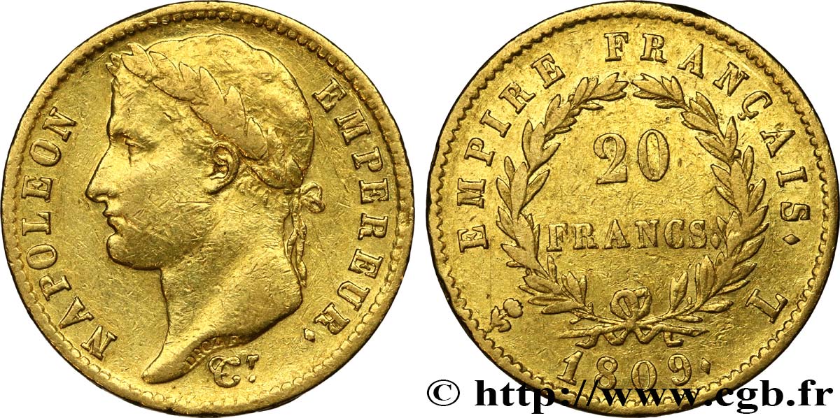 20 francs or Napoléon, tête laurée, Empire français 1809 Bayonne F.516/4 SS45 