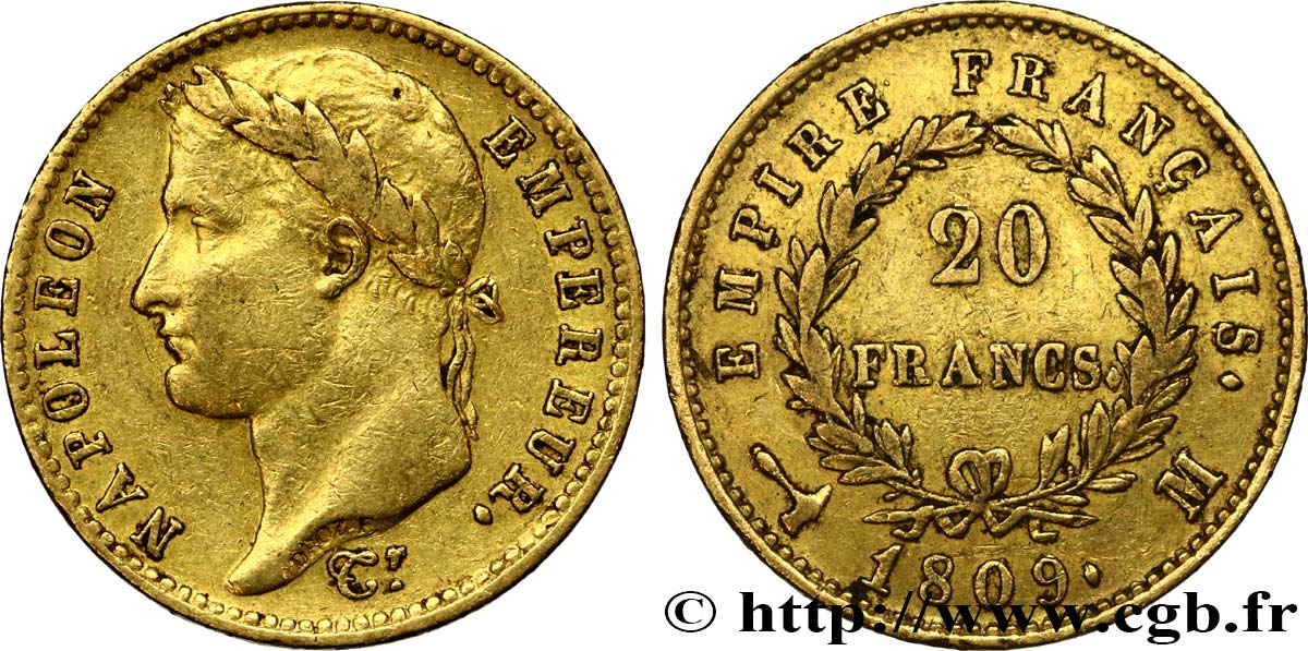 20 francs or Napoléon, tête laurée, Empire français 1809 Toulouse F.516/5 TTB42 