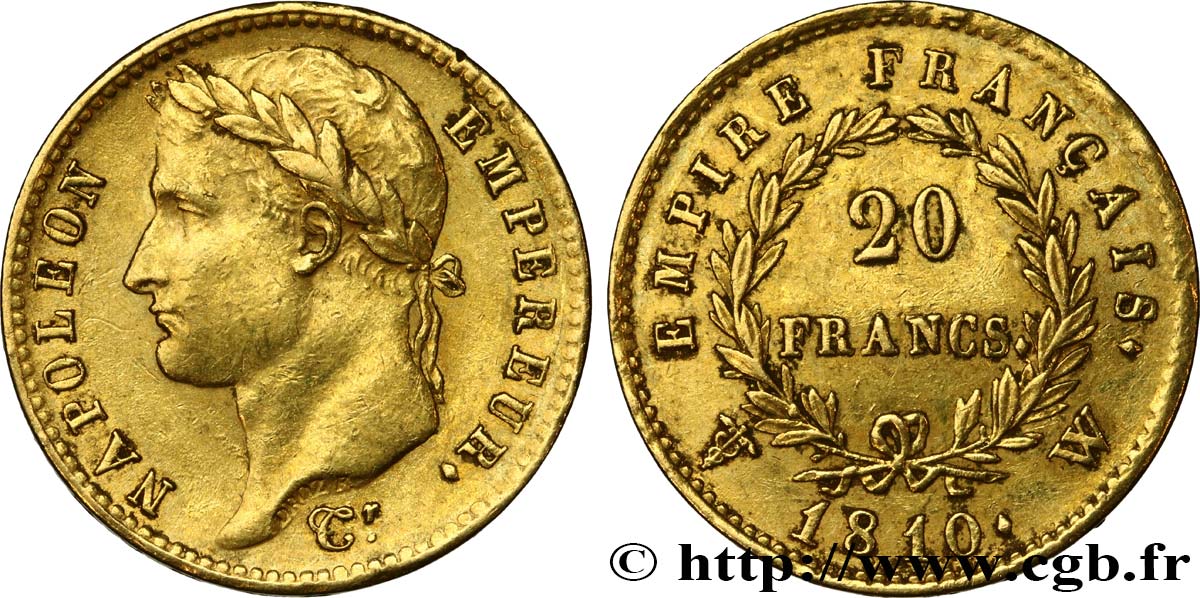 20 francs or Napoléon tête laurée, Empire français 1810 Lille F.516/15 SS50 