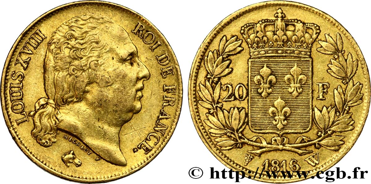20 francs or Louis XVIII, tête nue 1816 Lille F.519/4 SS42 