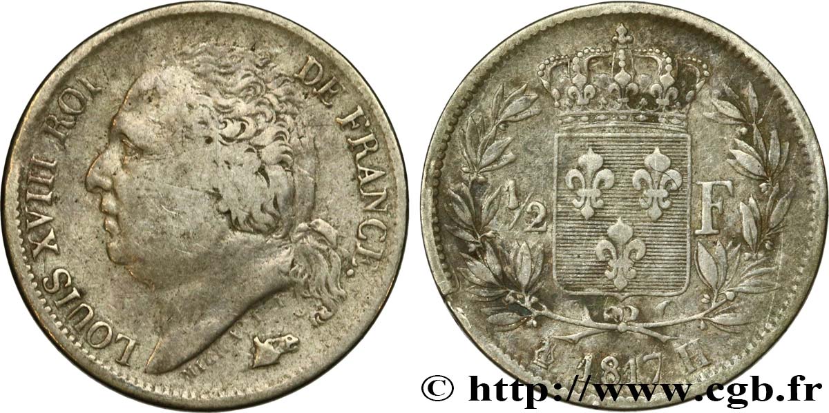 1/2 franc Louis XVIII 1817 La Rochelle F.179/11 TB25 